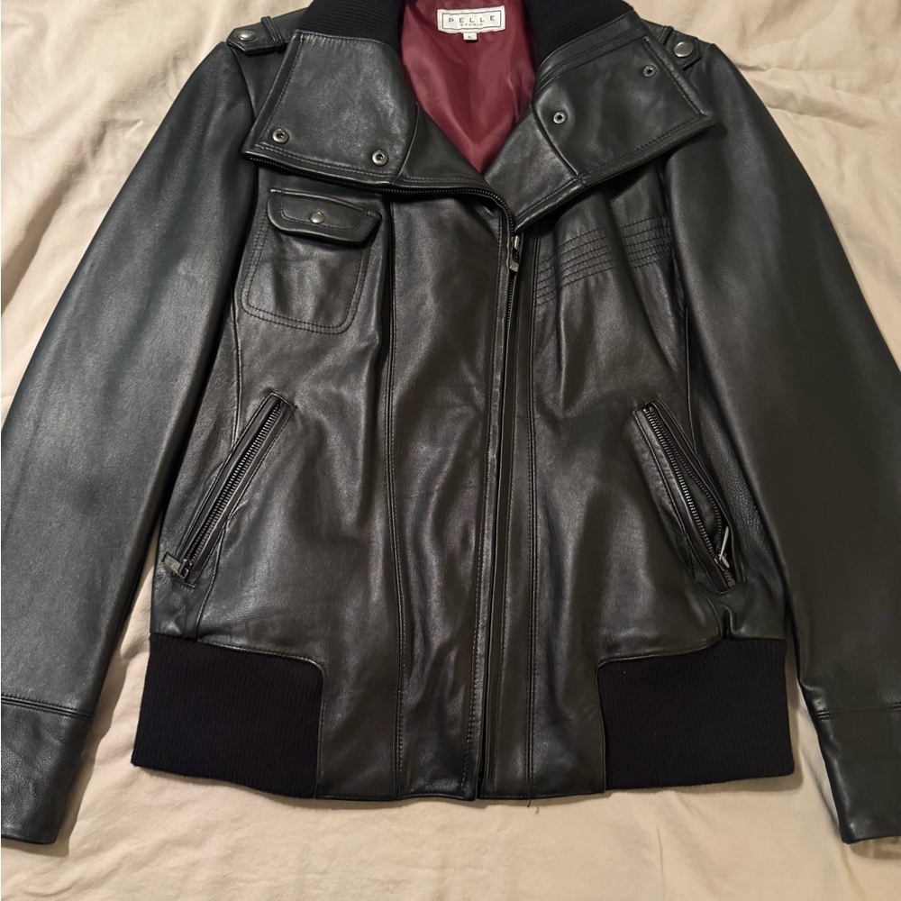 Pelle Studio Black Leather Jacket with Ribbed Trim